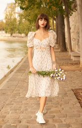 Yellow Small Floral Dress with Chest Belt, Knee-length - By Quaint